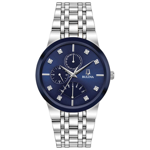 Bulova Men's Modern Stainless Steel Multi-Function Quartz Watch, Blue Dial with Diamonds Style: 96D144 Bulova