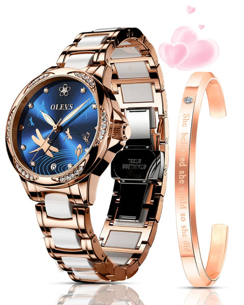 OLEVS Automatic Watches for Women Self Winding Mechanical Watch Rose Gold Diamond Stainless Steel Luminous Waterproof Dress Watch Blue Dial OLEVS