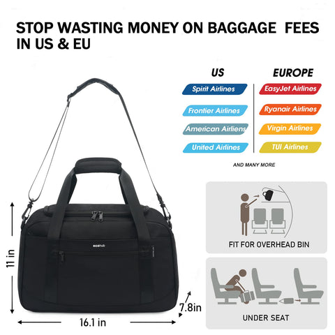 ECOHUB Personal Item Bag 16'' Small Duffel Bag Travel Bag Weekender Bag Gym Bag Tote Duffel bag Overnight Bags Travel Essentials for Women and Men Shoulder Bag Carry On Shoes Bag (Black) ECOHUB