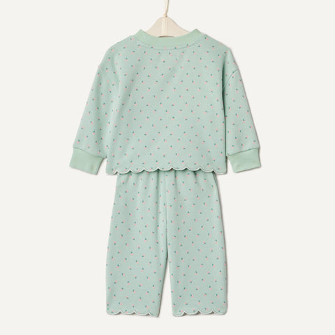 Amazon Essentials x Sofia Grainge Toddler Girls' French Terry Pant and Top Set, Mint Little Strawberries, 3T