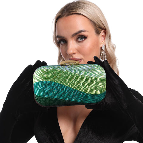 Boutique De FGG Sea Wave Luxury Crystal Clutch Evening Bags for Women Gradient Green Rhinestone Wedding Handbags and Purses Boutique De FGG