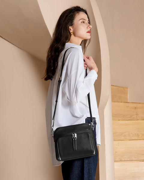befen Black Genuine Leather Crossbody Purses for Women, Women's Small Crossbody Shoulder Bag Travel Purse with Built in RFID Wallet