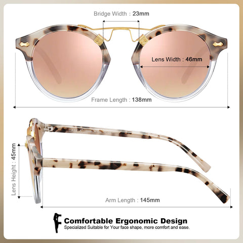 CARFIA Small Pink Mirrored Polarized Sunglasses for Women UV Protection, Acetate Eyewear Double Bridge Metal Brow Sunnies