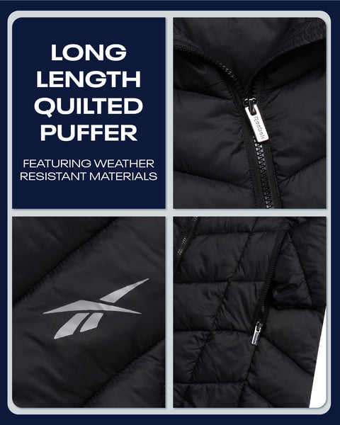 Reebok Womens Long Puffer Coat - Midweight Long Parka Length Quilted Snow Winter Jackets for Women (Also in Plus Size 1X-3X), Size 1X, Black Ink