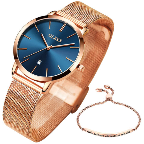 OLEVS Watch for Womens and Bracelet Gift Set Rose Gold for Lady Female Navy Blue Big Face Ultra Thin Minimalist Date Analog Quartz Wristwatch Waterproof with Mesh Steel Band