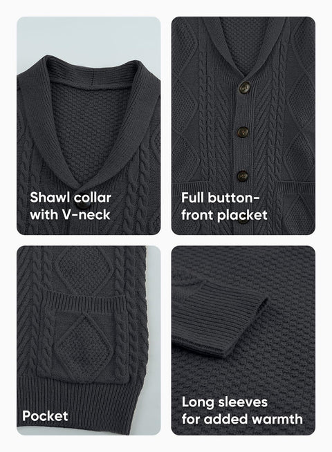 JMIERR Cardigan Sweaters for Men Fall Casual Long Sleeve Shawl Collar Button-Down Wool Blend Cable Christmas Knit Essentials Sweater with Pockets,L,Dark Grey