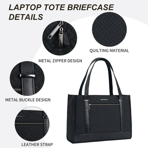 EMPSIGN Laptop Tote bag for women 16 Inch, Stylish Computer Shoulder Tote Bag for Work, Large Capacity Quilted Laptop Briefcase, Waterproof Women Business Office Bag, Quilted Black EMPSIGN