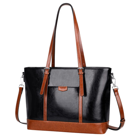 Over Earth Leather Tote Bag for Women Large Leather Handbags Shoulder Work Purses(O187E Black/Brown) Over Earth