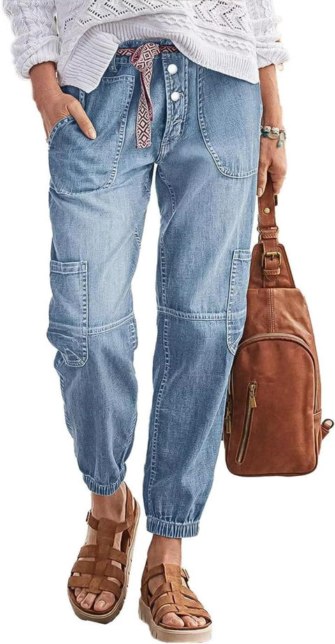 Flamingals Straight Leg Button Fly Jeans for Women Multi Pocket Mid Rise Jeans Without Belt Denim Pants Light Blue M