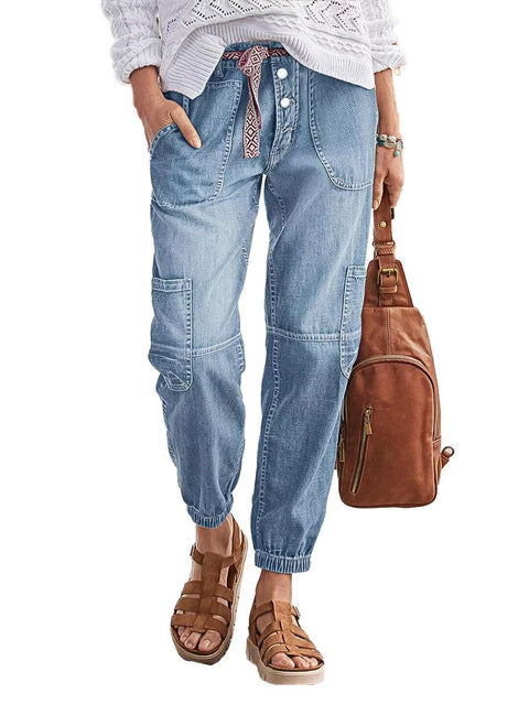 Flamingals Straight Leg Button Fly Jeans for Women Multi Pocket Mid Rise Jeans Without Belt Denim Pants Light Blue M