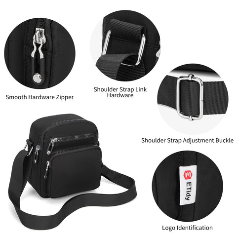 ETidy Tote Bag for Women Men Lightweight Small Crossbody Shoulder Bag Casual Zipper Handbag Hobo bag with Pockets Black ETidy