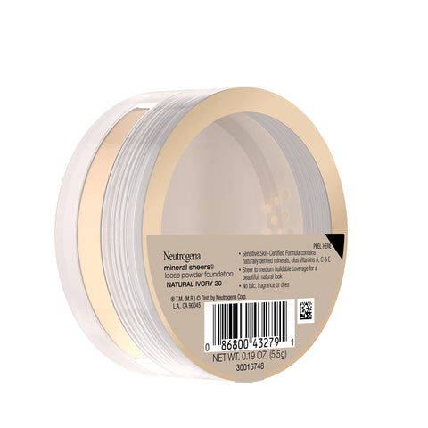Neutrogena Mineral Sheers Loose Powder Makeup Foundation, Lightweight Face Makeup, Sheer to Medium Buildable Coverage, Sensitive Skin Foundation with Vitamins A, C, & E, Natural Ivory 20, .19 oz