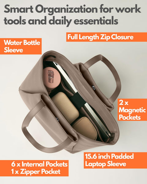 Laptop Tote Bag for Women 15.6 Inch - Large Work Bags with Zip Compartments - PU Leather Office Purse Computer Briefcase Apryl