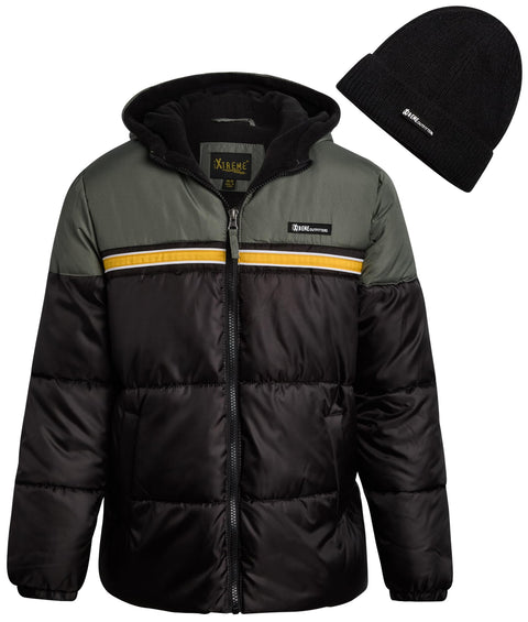 iXtreme Boys Puffer Jacket - Wind & Water Resistant Soft Fleece Lined Warm Winter Jacket for Boys with Winter Hat, Size 18, Olive Green