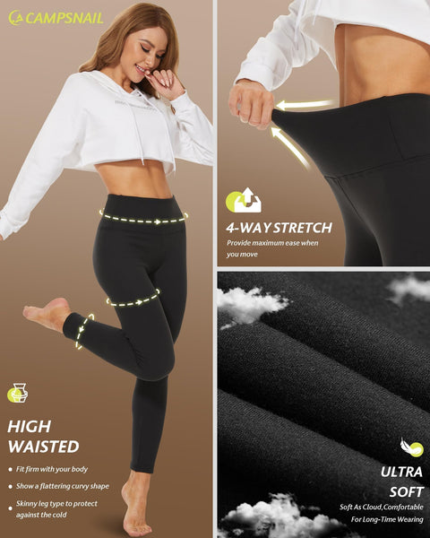 CAMPSNAIL Fleece Lined Leggings Women - Thick Soft High Waisted Black Tummy Control Thermal Warm Velvet Pants for Cold Winter