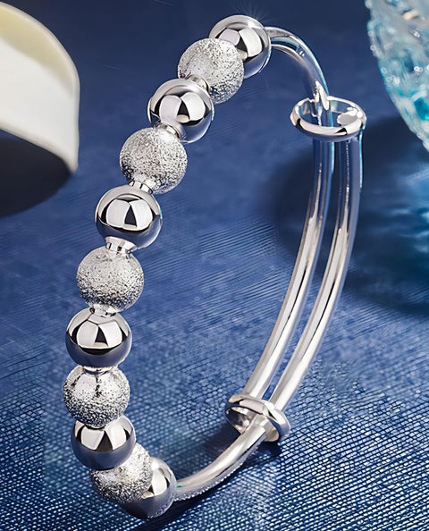 Kim Carrey S925 Silver Bangle Bracelet for Women, Elegant Women‘s Sterling Silver Bracelet Bangle Adjustable 6.4-7.8 inches Small Size (Frosted and Smooth Beads) Kim Carrey