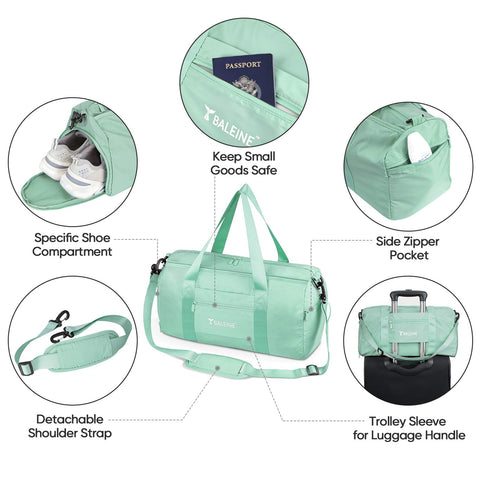 BALEINE Gym Bag for Women and Men, Small Duffel Bag for Sports, Gyms and Weekend Getaway, Waterproof Dufflebag with Shoe and Wet Clothes Compartments, Lightweight Carryon Gymbag (Green) BALEINE