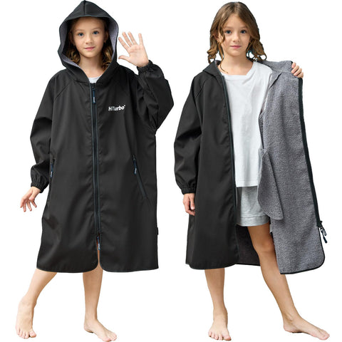 Hiturbo Kids Swim Parka: Waterproof Swimming Jacket Windproof Surf Poncho - Lightweight Hooded Swimmer with Quick-Dry Changing Towel Lined - Boys Girls 7-12 Years - Black