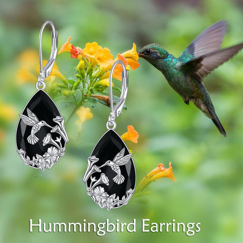 YFN Hummingbird Earrings Sterling Silver Black Tourmaline Dangle Drop Earrings Crystal Healing Jewelry Spiritual Protection Gifts for Women
