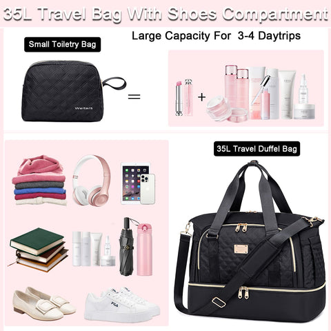 Weitars Gym Bag For Women,Travel Duffel Bag Weekender Bag,Sport Bag With Shoes Compartment And Wet Pocket,Large Carry On Bag Overnight Hospital Bag For Women Travel,Gym,Shopping (Black) Weitars