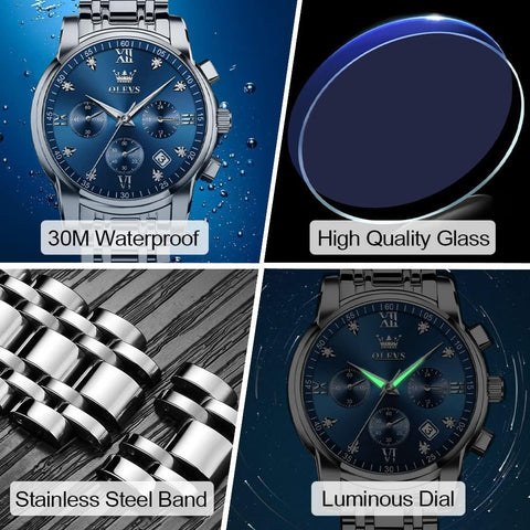 OLEVS Men's Diamond Watches Blue Dial Roman numerals Chronograph Watches for Men Stainless Steel Band Fashion Luminous Hands Multi-Function Quartz Watch Water Resistant Silver Tone Men Watch with Date