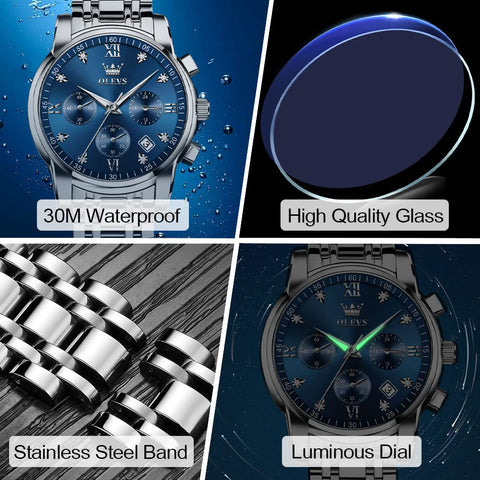 OLEVS Men's Diamond Watches Blue Dial Roman numerals Chronograph Watches for Men Stainless Steel Band Fashion Luminous Hands Multi-Function Quartz Watch Water Resistant Silver Tone Men Watch with Date