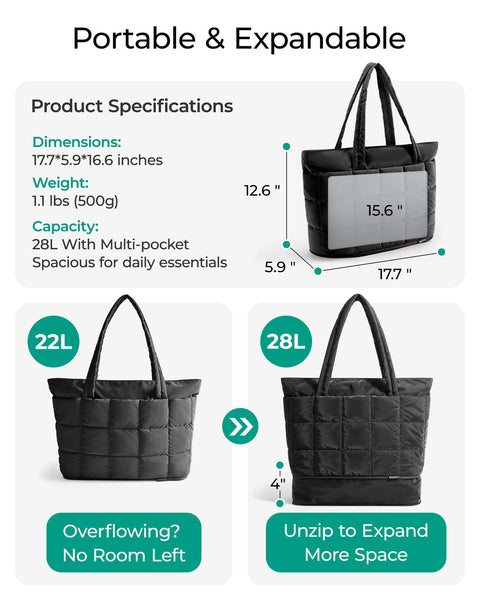 BAGSMART Expandable Tote Bag for Women, Puffer Work Tote Handbag, Quilted Carry On Bag for Travel Gym, Black, Large