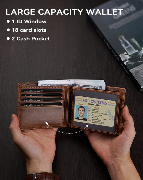 Swallowmall Mens Wallet RFID Blocking Leather Wallets for Men Bifold Wallet with 1 ID Window 15 Card Slots Zip Coin Pocket Swallowmall