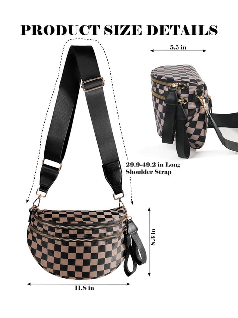 Black and White Checkered Crossbody Bum Bag for Women,Spacious Checkered Purse Fanny Packs Belt Bag Sling Bag with Shoulder Strap (khaki Checkered)