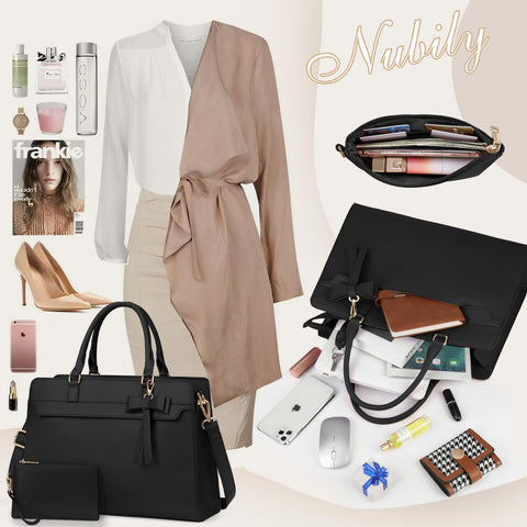 Laptop Bag for Women 15.6 inch Leather Laptop Tote Bag Large Computer Bag Waterproof Business Office Work Bag Briefcase with Satchel Purse 2pcs Set, Black NUBILY