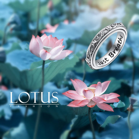Ladytree Spinner Fidget Ring S925 Sterling Silver Lotus Flower Yoga Just Breathe Anxiety Worry Band Oxidized Fidget Stress Relieving Boredom ADHD Autism Rings for Women Men,Size 8 Ladytree