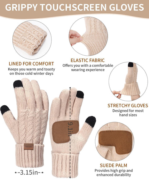 Women Beanie Hat Scarf Gloves Set, 3 PCS Winter Warm Pom Pom Beanie Hat Skull Cap Long Knit Neck Scarf & Touchscreen Gloves Set for Cold Weather, Christmas Holiday Gifts for Mom Wife Friend Sister Her Remifa