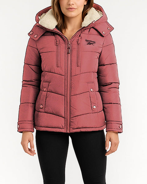 Reebok Womens Puffer Jacket - Heavyweight Puffer Coat with Faux Fur Trim Hood - Outerwear Down Winter Jackets for Women, Size Medium, Dusty Rose