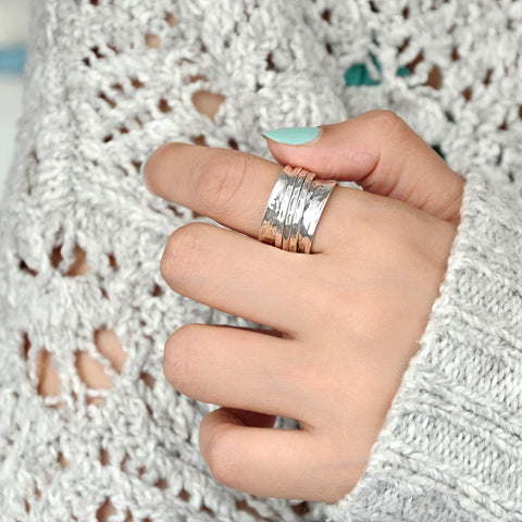Boho-Magic 925 Sterling Silver Spinner Ring for Women 3 Fidget Rings Band Wide Hammered (9) Boho-Magic