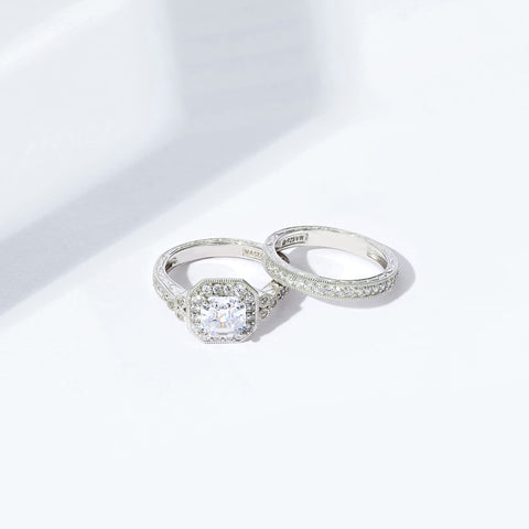 Amazon Essentials Platinum Plated Sterling Silver Infinite Elements Cubic Zirconia Asscher Antique Ring, Size 9 (previously Amazon Collection) Amazon Essentials