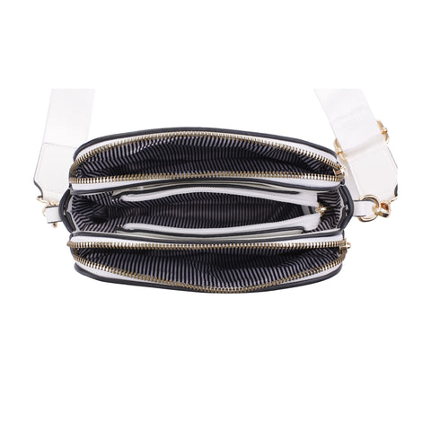 EVVE Crossbody Bags for Women Trendy Triple Zip Small Crossbody Camera Bag Purse with Wide Guitar Strap | White EVVE