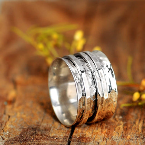 Boho-Magic 925 Sterling Silver Spinner Ring for Women 3 Fidget Rings Band Wide Hammered (9) Boho-Magic