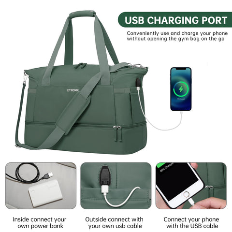 ETRONIK Gym Bag for Women, 55L Travel Duffel Bag with USB Charging Port, Weekender Overnight Bag with Wet Pocket and Shoes Compartment for Women Travel, Large Size (Dark Green) ETRONIK