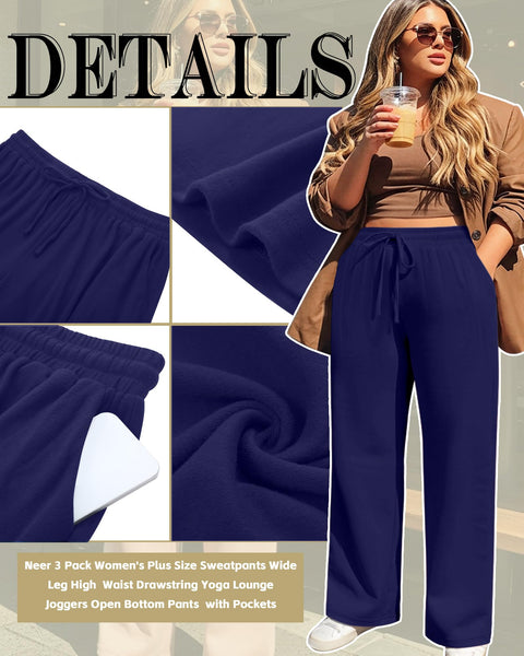 Neer 3 Pack Women's Plus Size Sweatpants Wide Leg High Waist Drawstring Yoga Lounge Joggers Open Bottom Pants with Pockets(Black, Navy Blue, Light Gray,XX-Large)