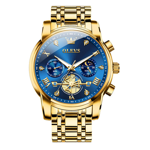 OLEVS Mens Gold Watches Dress Chronograph Watch Men Stainless Steel Diamond Multi-Function Men's Analog Watches Quartz Luxury Moon Phase Casual Blue Large Face Watch for Men Luminous Easy to Read