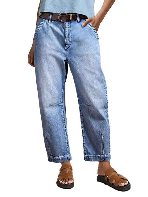 Flamingals Straight Leg Cropped Jeans for Women Barrel Casual Mid Rise Wash Stitch Detail Denim Jeans Without Belt Light Blue L