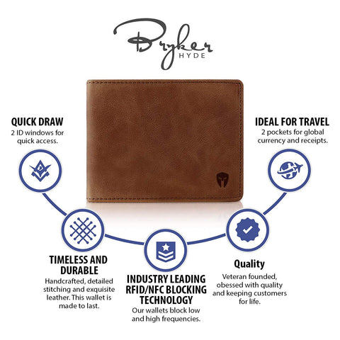 Bryker Hyde Executive 2 ID Window RFID Wallet for Men, Full Grain Leather, Bifold Top Flip, Extra Capacity Travel Wallet (Brown - Distressed Leather, Medium) Bryker Hyde