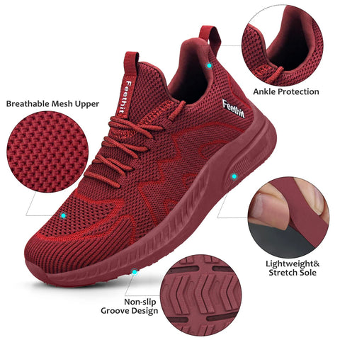 Feethit Running Shoes for Women Non Slip Walking Tennis Shoes Slip on Work Gym Fashion Sneakers Burgundy 5.5 Feethit