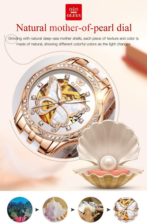 OLEVS Women's Rose Gold Automatic Watches Skeleton Mechanical Self Winding Ladies Elegant Luxury Dress Butterfly Diamond White Ceramic Band Watch Gift OLEVS