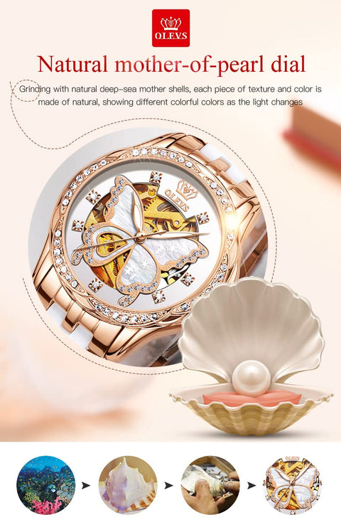 OLEVS Women's Rose Gold Automatic Watches Skeleton Mechanical Self Winding Ladies Elegant Luxury Dress Butterfly Diamond White Ceramic Band Watch Gift OLEVS