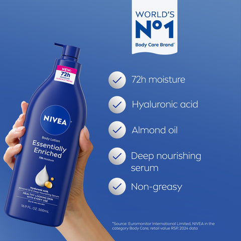 NIVEA Essentially Enriched Body Lotion for Very Dry Skin with Hyaluronic Acid, Almond Oil and Deep Nourishing Serum, 72-Hour Body Moisturizer, 16.9 Fl Oz Pump Bottle, Pack of 2