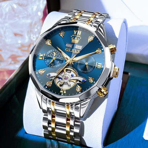 OLEVS Skeleton Men Watches Automatic Business Luxury Diamond Self Winding Watch for Men Stainless Steel Calendar Blue Wrist Watch