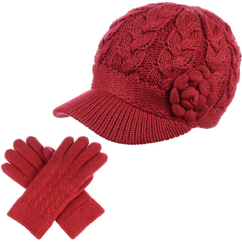 BYOS Womens Winter Warm Lined Flower Cable Knit Newsboy Cabbie Hat & Gloves Set Be Your Own Style