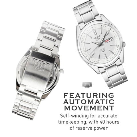 SEIKO SNKM83 Automatic Watch for Men 5-7S Collection - Silver-on-White Dial with Luminous Hands, Day/Date Calendar, Stainless Steel Case & Bracelet SEIKO