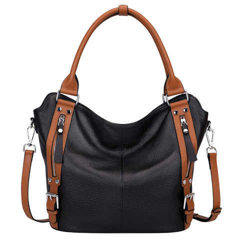 Over Earth Genuine Leather Handbags for Women Hobo Shoulder Bag Ladies Leather Tote Bag(O172E Black/Brown) Over Earth